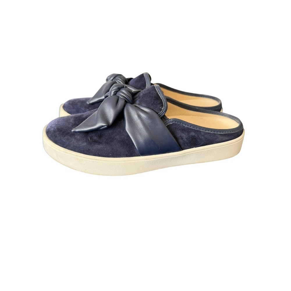 Spenco Siesta‎ Maya Navy Blue Suede Bow Mule Slides Womens 9D Orthotic Shoes